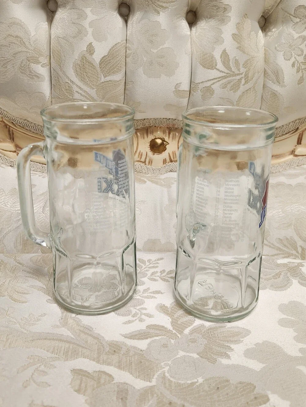 Vintage Super Bowl XXI (21) Glass Mugs, Set Of 2, 1986/7, Pasedena, Fisher, Cup
